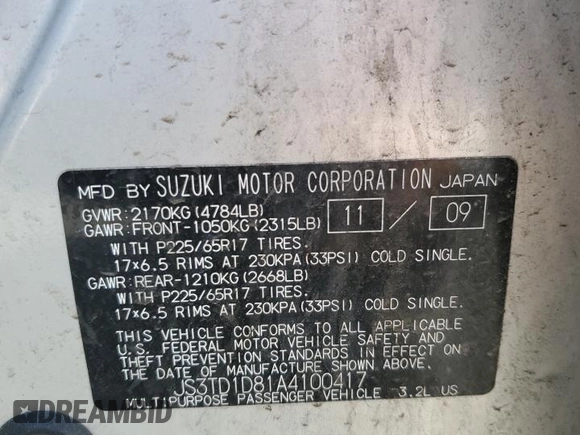 2010 Suzuki Grand Vitara z VIN JS3TD1D81A4100417, wystawiony jako Copart lot #59986554 z przebiegiem Nie podano mil oraz Nie do naprawy • Non repairable. Historia ofert i sprzedaży dostępna na DreamBid. Obrazek 13.