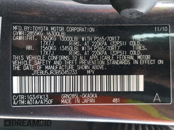 2011 Toyota 4Runner Trail with VIN JTEBU5JR3B5045233, listed as a Copart auction lot 49321485 with 167,615 mi miles and Salvage title. Bid and sale history available at DreamBid. Image 13.