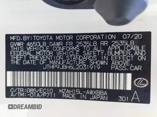 2020 Lexus UX with VIN JTHP9JBH6L2031919, listed as a IAAI auction lot 41816968 with 57,848 mi miles. Bid and sale history available at carsss.com. Image 9.