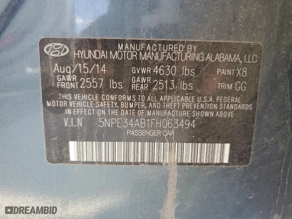 2015 Hyundai Sonata 2.0T Limited with VIN 5NPE34AB1FH063494, listed as a Copart auction lot 41986385 with 123,004 mi miles and Salvage Title. Bid and sale history available at carsss.com. Image 13.