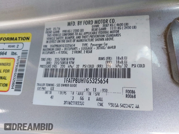 2016 Ford Mustang EcoBoost Premium with VIN 1FATP8UH1G5325654, listed as a IAAI auction lot 41879221 with 90,210 mi miles and . Bid and sale history available at carsss.com. Image 9.