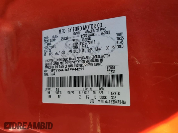2006 Ford Ranger STX с VIN 1FTYR44U46PA44211, выставлен на аукционе Copart как лот 43438045 с пробегом 86 926 миль миль и Списание • Salvage title. История ставок и продаж доступна на DreamBid. Изображение 12.
