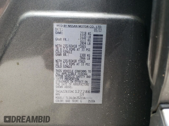 2022 Nissan Murano SV z VIN 5N1AZ2BJ1NC127286, wystawiony jako Copart lot #56514805 z przebiegiem 70 159 mil mil oraz Szkoda całkowita • Salvage title. Historia ofert i sprzedaży dostępna na DreamBid. Obrazek 13.