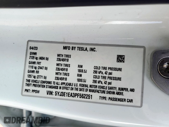 2023 Tesla Model 3 with VIN 5YJ3E1EA3PF562251, listed as a Copart auction lot 58293355 with 16,283 mi miles and Salvage title. Bid and sale history available at DreamBid. Image 12.