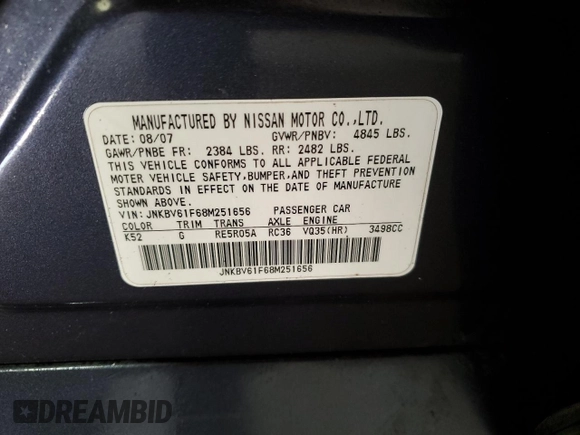 2008 Infiniti G35 x with VIN JNKBV61F68M251656, listed as a Copart auction lot 75610584 with 136,941 mi miles and Salvage Title. Bid and sale history available at DreamBid. Image 13.