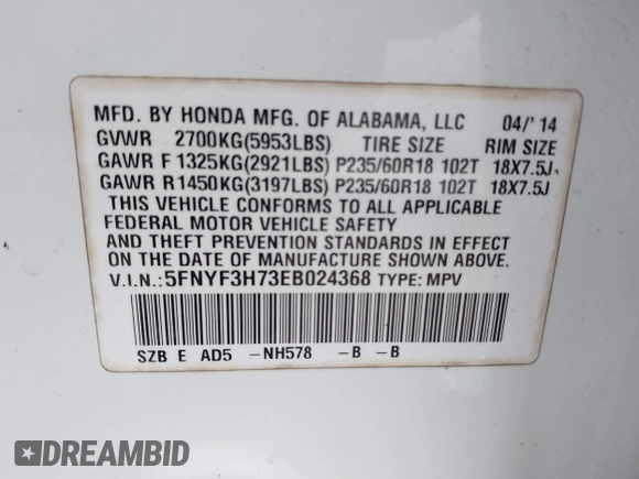 2014 Honda Pilot EX-L with VIN 5FNYF3H73EB024368, listed as a IAAI auction lot 41646002 with 157,336 mi miles and . Bid and sale history available at carsss.com. Image 9.