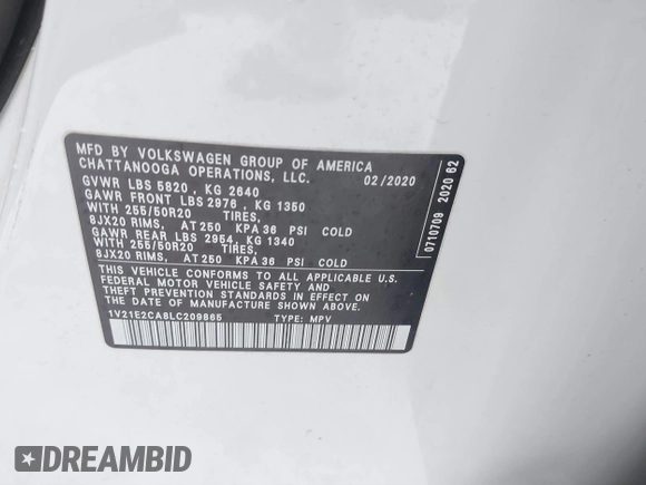 2020 Volkswagen Atlas SE with VIN 1V21E2CA8LC209865, listed as a IAAI auction lot 41245990 with 53,239 mi miles and . Bid and sale history available at DreamBid. Image 9.