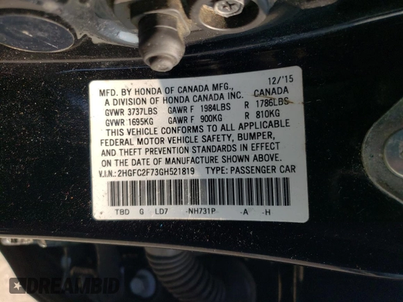 2016 Honda Civic Sedan EX with VIN 2HGFC2F73GH521819, listed as a Copart auction lot 65347194 with 0 mi miles and Salvage Title. Bid and sale history available at carsss.com. Image 14.