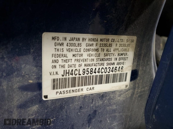 2004 Acura TSX with VIN JH4CL95844C034646, listed as a Copart auction lot 76450174 with 226,416 mi miles and Clean title. Bid and sale history available at DreamBid. Image 12.