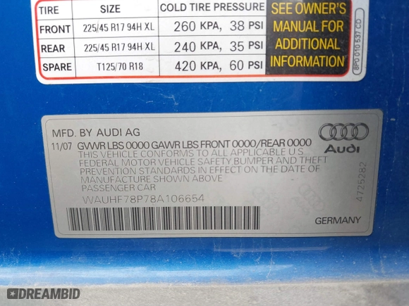 2008 Audi A3 with VIN WAUHF78P78A106654, listed as a IAAI auction lot 41626185 with 111,079 mi miles. Bid and sale history available at carsss.com. Image 9.