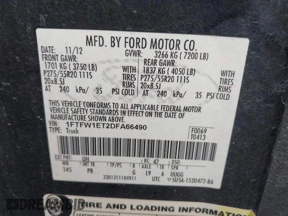 2013 Ford F-150 XL with VIN 1FTFW1ET2DFA66490, listed as a IAAI auction lot 41565863 with 215,421 mi miles. Bid and sale history available at carsss.com. Image 9.