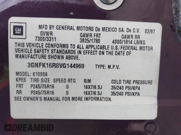 1997 Chevrolet Suburban with VIN 3GNFK16R8VG144969, listed as a IAAI auction lot 42070555 with 197,580 mi miles and . Bid and sale history available at DreamBid. Image 9.