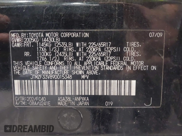 2009 Toyota RAV4 with VIN JTMZF33V89D015348, listed as a IAAI auction lot 42259880 with 263,509 mi miles and . Bid and sale history available at DreamBid. Image 9.