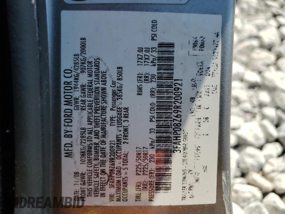 2009 Ford Fusion SEL with VIN 3FAHP08Z69R200921, listed as a Copart auction lot 53902695 with 210,479 mi miles and Salvage Title. Bid and sale history available at carsss.com. Image 15.