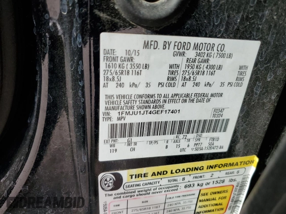 2016 Ford Expedition XLT with VIN 1FMJU1JT4GEF17401, listed as a Copart auction lot 50341665 with 174,426 mi miles and Salvage title. Bid and sale history available at DreamBid. Image 15.