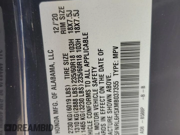 2021 Honda Odyssey EX z VIN 5FNRL6H5XMB037355, wystawiony jako Copart lot #55400995 z przebiegiem 57 964 mil mil oraz Szkoda całkowita • Salvage title. Historia ofert i sprzedaży dostępna na DreamBid. Obrazek 13.