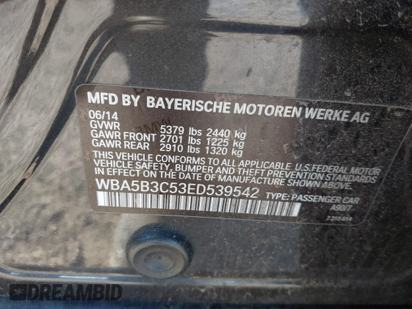 2014 BMW 5 Series 535i xDrive with VIN WBA5B3C53ED539542, listed as a IAAI auction lot 41858938 with 118,335 mi miles and . Bid and sale history available at carsss.com. Image 9.