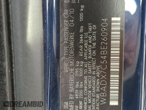 2011 BMW 3 Series 335i with VIN WBADX7C54BE260904, listed as a Copart auction lot 48954085 with 166,553 mi miles and Salvage Title. Bid and sale history available at carsss.com. Image 15.