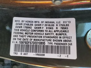 2013 Honda Civic Sdn LX with VIN 19XFB2F57DE010895, listed as a Copart auction lot 49574075 with 152,246 mi miles and Salvage Title. Bid and sale history available at carsss.com. Image 13.