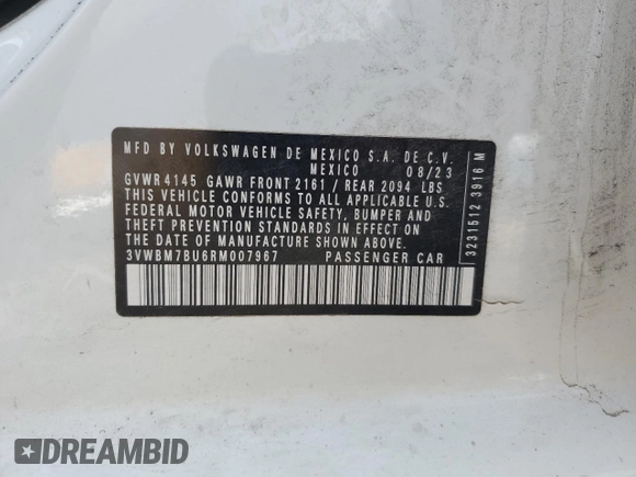 2024 Volkswagen Jetta Sport with VIN 3VWBM7BU6RM007967, listed as a Copart auction lot 57858955 with 14,088 mi miles and Salvage title. Bid and sale history available at DreamBid. Image 12.
