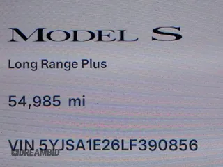 2020 Tesla Model S Long Range with VIN 5YJSA1E26LF390856, listed as a IAAI auction lot 41013728 with 54,985 mi miles. Bid and sale history available at carsss.com. Image 14.