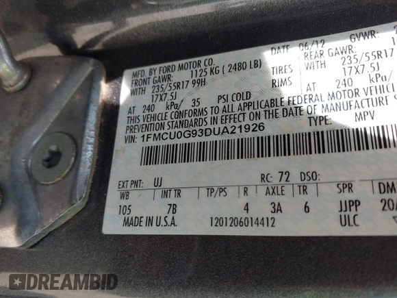 2013 Ford Escape SE with VIN 1FMCU0G93DUA21926, listed as a IAAI auction lot 41901699 with 174,456 mi miles and . Bid and sale history available at DreamBid. Image 9.