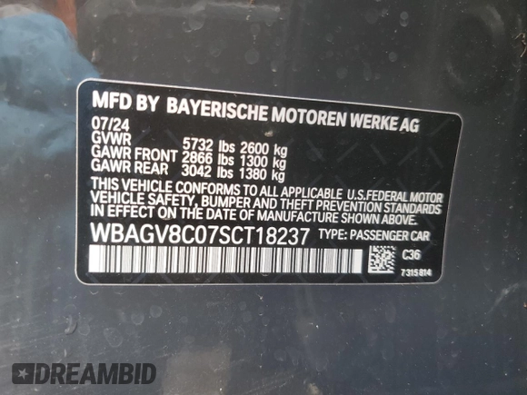 2025 BMW 8 Series M850i with VIN WBAGV8C07SCT18237, listed as a Copart auction lot 49277375 with 750 mi miles and Salvage title. Bid and sale history available at DreamBid. Image 12.
