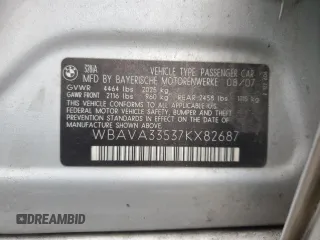 2007 BMW 3 Series 328i with VIN WBAVA33537KX82687, listed as a Copart auction lot 61492395 with 167,903 mi miles and Salvage title. Bid and sale history available at DreamBid. Image 12.