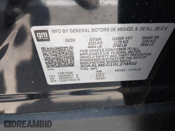 2024 GMC Terrain SLE with VIN 3GKALMEG1RL278502, listed as a IAAI auction lot 42236387 with 7,961 mi miles and . Bid and sale history available at DreamBid. Image 9.