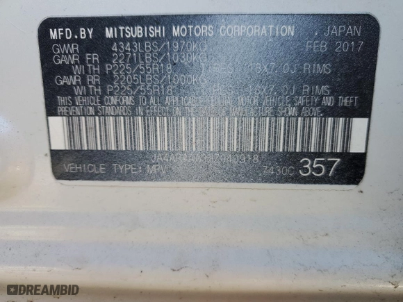 2017 Mitsubishi Outlander Sport SEL 2.4 with VIN JA4AR4AW3HZ040918, listed as a Copart auction lot 48471525 with 64,118 mi miles and Salvage Title. Bid and sale history available at carsss.com. Image 14.