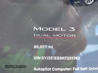 2019 Tesla Model 3 Long Range with VIN 5YJ3E1EB9KF231742, listed as a IAAI auction lot 42114608 with 86,657 mi miles and . Bid and sale history available at DreamBid. Image 16.