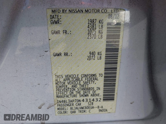 2013 Nissan Altima SV with VIN 1N4BL3AP7DN431432, listed as a IAAI auction lot 41389189 with 227,047 mi miles and . Bid and sale history available at DreamBid. Image 9.