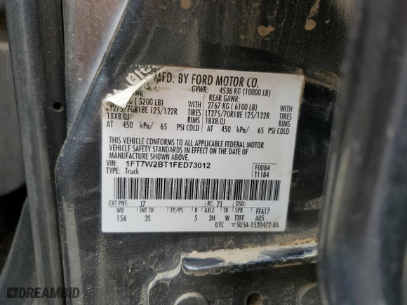 2015 Ford Super Duty F-250 SRW Lariat with VIN 1FT7W2BT1FED73012, listed as a Copart auction lot 45672885 with 476,879 mi miles and Salvage Title. Bid and sale history available at carsss.com. Image 13.