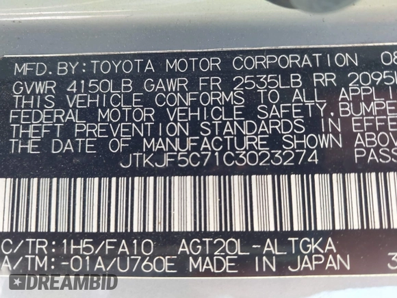 2012 Scion tC z VIN JTKJF5C71C3023274, wystawiony jako IAAI lot #42201270 z przebiegiem 225 683 mil mil oraz . Historia ofert i sprzedaży dostępna na DreamBid. Obrazek 9.