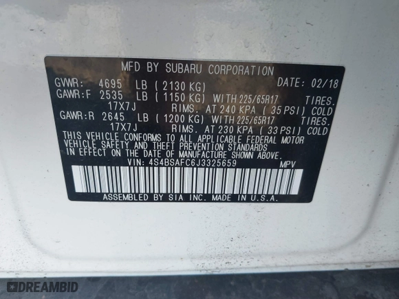 2018 Subaru Outback Premium with VIN 4S4BSAFC6J3325659, listed as a IAAI auction lot 41528086 with 111,428 mi miles. Bid and sale history available at carsss.com. Image 9.
