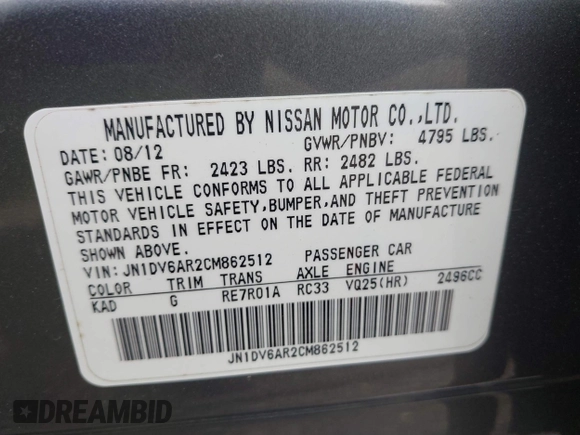 2012 Infiniti G25 Sedan x with VIN JN1DV6AR2CM862512, listed as a IAAI auction lot 41943660 with 178,127 mi miles. Bid and sale history available at carsss.com. Image 9.