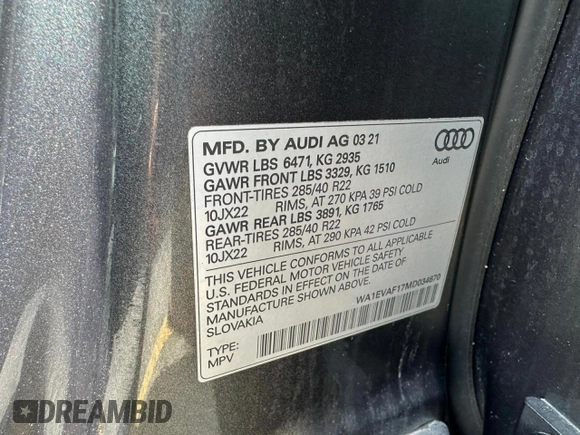 2021 Audi Q8 Premium Plus z VIN WA1EVAF17MD034670, wystawiony jako Copart lot #56331855 z przebiegiem 79 150 mil mil oraz Tytuł czysty. Historia ofert i sprzedaży dostępna na DreamBid. Obrazek 10.