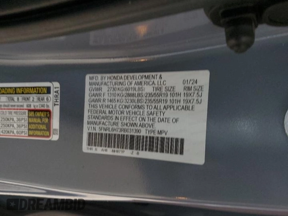 2024 Honda Odyssey Sport with VIN 5FNRL6H73RB031390, listed as a Copart auction lot 48000015 with 13,351 mi miles and Salvage Title. Bid and sale history available at DreamBid. Image 14.