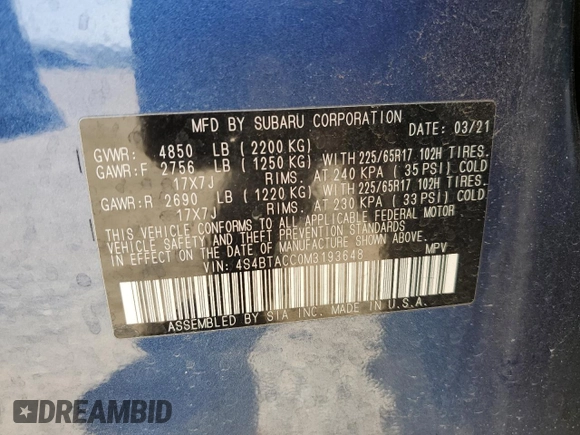 2021 Subaru Outback Premium с VIN 4S4BTACC0M3193648, выставлен на аукционе Copart как лот 53909085 с пробегом 45 730 миль миль и Списание • Salvage title. История ставок и продаж доступна на DreamBid. Изображение 14.
