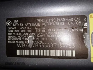 2008 BMW 3 Series 328i with VIN WBAWB33588P134753, listed as a IAAI auction lot 41357638 with 123,163 mi miles. Bid and sale history available at carsss.com. Image 9.