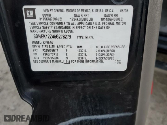 2005 Chevrolet Avalanche Z71 with VIN 3GNEK12Z45G278279, listed as a Copart auction lot 75498034 with Not Provided miles and Non Repairable. Bid and sale history available at DreamBid. Image 14.