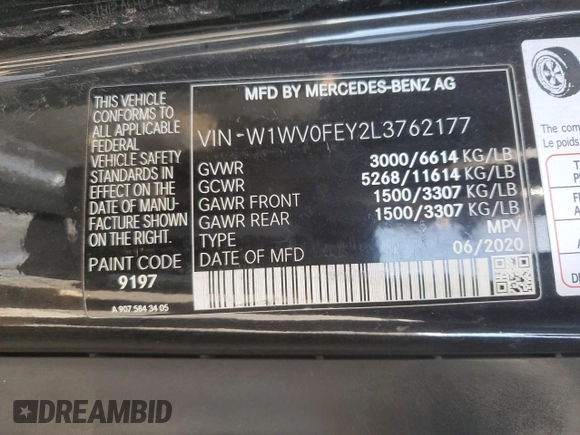 2020 Mercedes-Benz Metris with VIN W1WV0FEY2L3762177, listed as a Copart auction lot 44027605 with 30,685 mi miles and Salvage Title. Bid and sale history available at DreamBid. Image 14.
