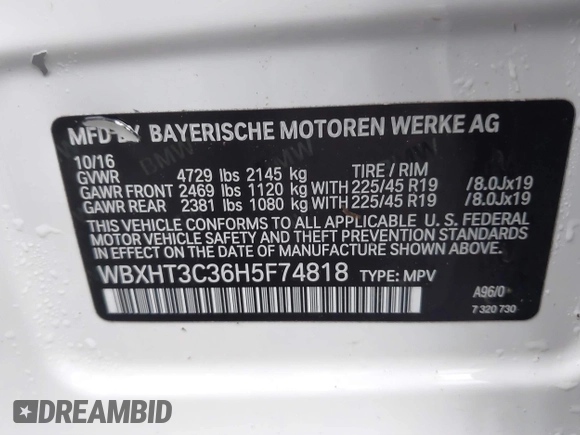 2017 BMW X1 xDrive28i with VIN WBXHT3C36H5F74818, listed as a IAAI auction lot 41853836 with 71,735 mi miles and . Bid and sale history available at DreamBid. Image 9.