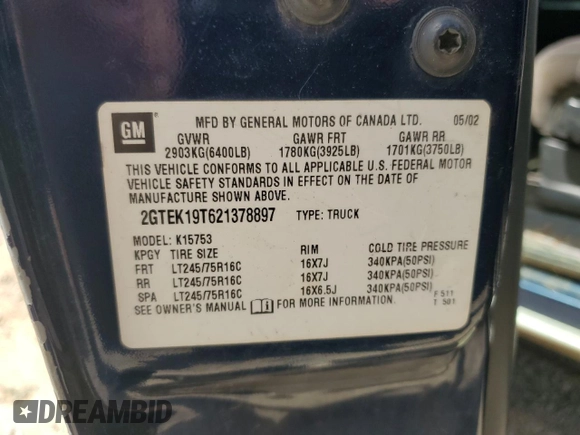 2002 GMC Sierra 1500 SLE with VIN 2GTEK19T621378897, listed as a Copart auction lot 60898315 with 137,509 mi miles and Salvage title. Bid and sale history available at DreamBid. Image 12.