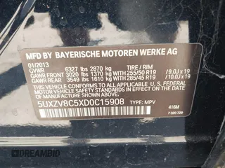 2013 BMW X5 xDrive50i with VIN 5UXZV8C5XD0C15908, listed as a IAAI auction lot 42536233 with 190,627 mi miles and . Bid and sale history available at DreamBid. Image 9.