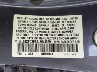 2018 Honda Civic Sedan LX with VIN 19XFC2F59JE044099, listed as a IAAI auction lot 41719337 with 44,534 mi miles. Bid and sale history available at carsss.com. Image 9.