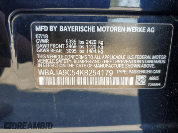 2019 BMW 5 Series 530e с VIN WBAJA9C54KB254179, выставлен на аукционе Copart как лот 42285515 с пробегом 90 634 миль миль и Списание • Salvage title. История ставок и продаж доступна на DreamBid. Изображение 12.