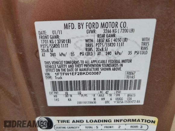 2011 Ford F-150 XL с VIN 1FTFW1EF2BKD03087, выставлен на аукционе Copart как лот 54604885 с пробегом 193 666 миль миль и Списание • Salvage title. История ставок и продаж доступна на DreamBid. Изображение 12.