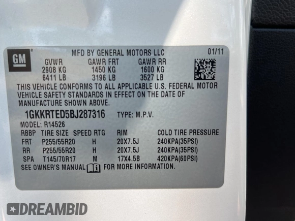 2011 GMC Acadia Denali with VIN 1GKKRTED5BJ287316, listed as a Copart auction lot 56689775 with 109,458 mi miles and Clean Title. Bid and sale history available at DreamBid. Image 10.