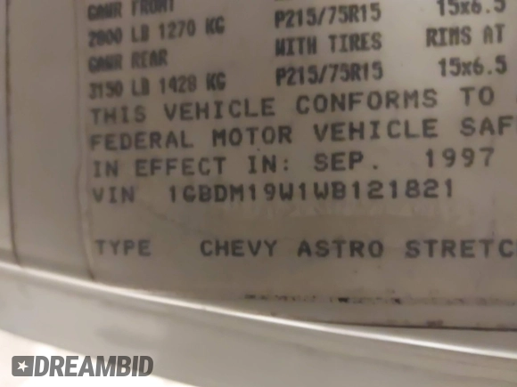 1998 Chevrolet Astro Cargo Van YF7 Upfitter with VIN 1GBDM19W1WB121821, listed as a IAAI auction lot 41463704 with 141,724 mi miles. Bid and sale history available at carsss.com. Image 9.